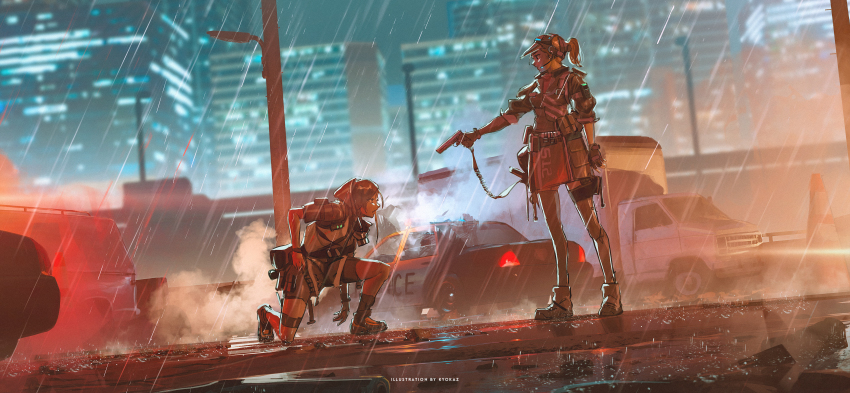 2girls absurdres aiming artist_name box_truck brown_hair building car city city_lights commentary english_commentary exhaust faiz_azhar fingerless_gloves ford_crown_victoria ford_crown_victoria_(2nd_generation) full_body gloves gun hat headset highres holding holding_gun holding_weapon kneeling lamppost motor_vehicle multiple_girls on_one_knee original outdoors police_car ponytail rain scenery shoes shorts socks truck weapon