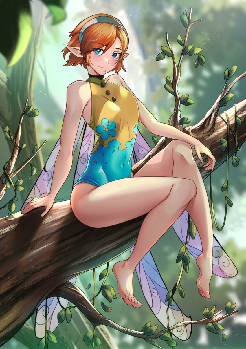 1girl barefoot beneceadraws blue_eyes blurry blurry_background breasts closed_mouth commentary covered_navel english_commentary fairy fairy_wings forest gallica_(metaphor:_refantazio) hairband highres leotard looking_at_viewer metaphor:_refantazio nature no_sleeves orange_hair parted_bangs pointy_ears sitting_on_branch smile solo thighs toes wings