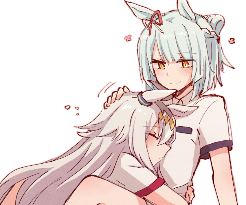 2girls alonemistrist animal_ears between_legs blue_hair blush closed_eyes closed_mouth commentary_request fujimasa_march_(umamusume) hand_on_another&#039;s_head horse_ears horse_girl hug looking_at_another multiple_girls oguri_cap_(umamusume) orange_eyes shirt short_hair short_sleeves simple_background smile umamusume umamusume:_cinderella_gray white_background white_shirt yuri