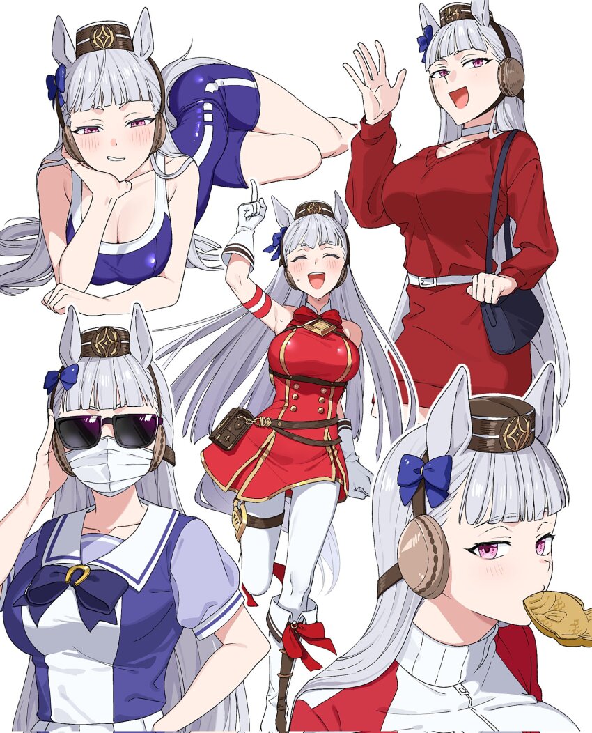 animal_ears blunt_bangs bow bridle brown_hat casual dress ear_bow ear_covers ear_ornament ear_ribbon eating facing_viewer food gold_ship_(umamusume) hat highres horse_ears horse_girl horse_tail horseshoe_ornament kayuu_(hikentai0112) looking_at_viewer lying mask mouth_mask multiple_views on_side one-piece_swimsuit pillbox_hat pointing pointing_up purple_bow red_dress running sailor_collar sailor_shirt school_uniform shirt sunglasses surgical_mask swimsuit tail taiyaki tracen_school_uniform tracen_training_uniform umamusume wagashi waving