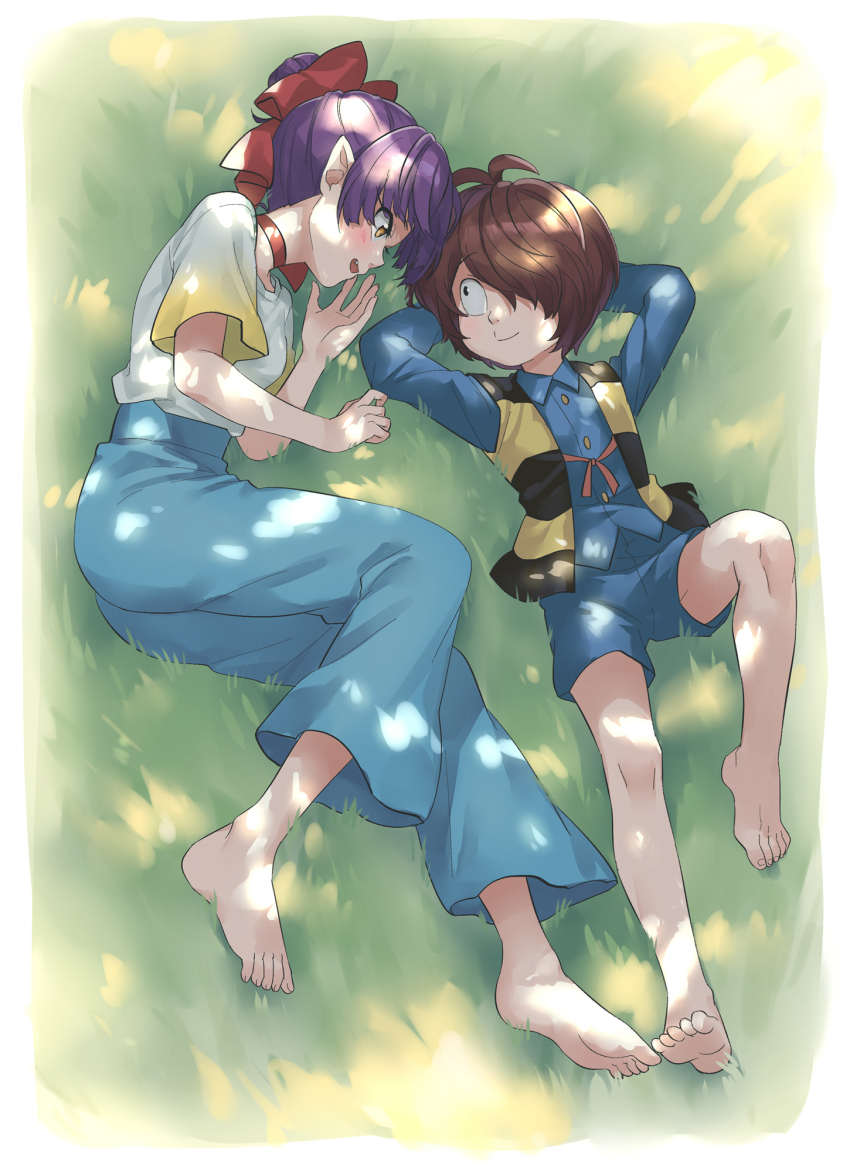 1boy 1girl alternate_costume arm_behind_head barefoot blush bow brown_hair eye_contact gegege_no_kitarou hair_bow hair_over_one_eye highres kitarou looking_at_another lying nekomusume nekomusume_(gegege_no_kitarou_6) on_back on_grass outdoors pointy_ears purple_hair short_hair silanduqiaocui smile yellow_eyes