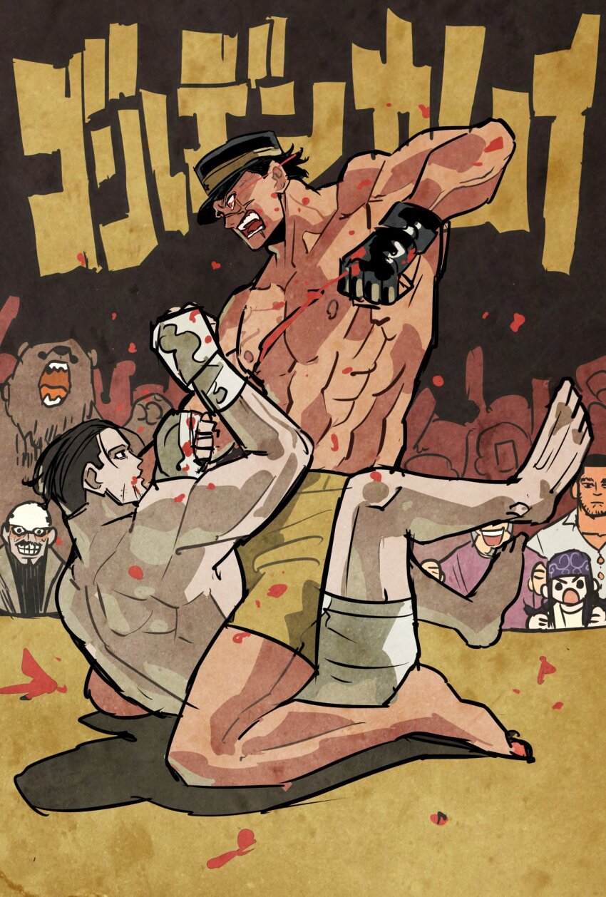 1girl 5boys abs animal asirpa bear beard black_hair blood blood_on_face brown_bear clenched_hands commentary_request expressionless eye_contact facial_hair full_body gloves golden_kamuy hat headband highres long_beard looking_at_another military_hat multiple_boys ogata_hyakunosuke open_mouth purple_headband scar scar_on_face sharp_teeth shiraishi_yoshitake shorts sidelocks sugimoto_saichi takeuchi_ryousuke tanigaki_genjirou teeth topless_male translation_request tsurumi_tokushirou undercut wilk_(golden_kamuy)