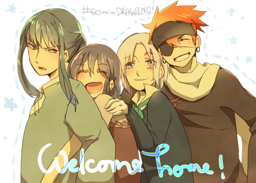 1girl 3boys allen_walker black_eyes black_hair black_headband black_shirt blue_sweater blush bob_cut brown_shirt closed_eyes closed_mouth collared_shirt d.gray-man earrings english_text eyepatch facial_mark facing_viewer frown gloves green_eyes green_ribbon green_shirt grin hair_between_eyes hair_over_one_eye hand_on_another&#039;s_shoulder headband hoop_earrings hug hug_from_behind jewelry kanda_yuu lavi lenalee_lee long_hair long_sleeves looking_at_another looking_at_viewer low_ponytail mizuto_(o96ap) multiple_boys one_eye_covered open_mouth orange_hair parted_lips ponytail purple_hair ribbon scar scar_across_eye scar_on_face scarf shirt short_hair short_sleeves sidelocks smile spiked_hair star_(symbol) star_facial_mark striped_background striped_clothes striped_shirt sweater two-tone_shirt white_background white_gloves white_hair white_scarf white_shirt