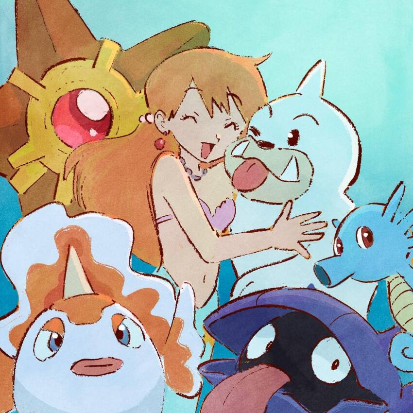 1girl bikini blue_tail breasts closed_eyes creatures_(company) earrings game_freak gen_1_pokemon goldeen hair_ornament highres horsea jewelry long_hair looking_at_viewer mermaid mermaid_costume mermaid_misty_(pokemon) misty_(pokemon) monster_girl necklace nintendo orange_hair pokemon pokemon_(anime) pokemon_(classic_anime) seashell seel shell shell_bikini shellder small_breasts staryu swimsuit underwater water
