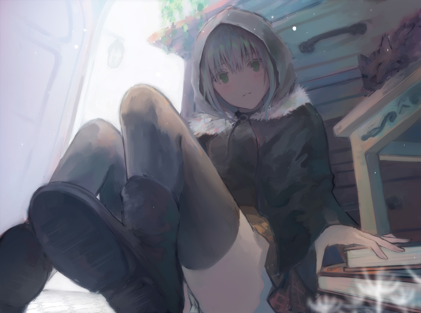 1girl absurdres animal bad_id bad_pixiv_id black_boots black_cat black_thighhighs blurry blush book boots capelet cat depth_of_field fate_(series) female_focus fur_trim gray_(fate) green_eyes grey_hair highres hood hood_up indoors kayakooooo knees_up long_sleeves looking_at_viewer lord_el-melloi_ii_case_files on_floor panties pantyshot parted_lips pleated_skirt short_hair sitting skirt solo thighhighs underwear white_panties