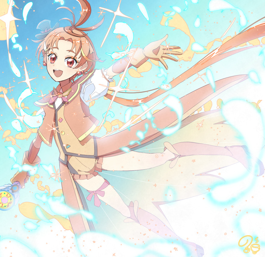 1boy artist_name black_hat boots coattails commentary cure_wing earrings feathers frilled_shorts frills glasses gloves hat highres hirogaru_sky!_precure holding holding_wand jewelry knee_boots layered_gloves leg_ribbon long_hair looking_at_viewer low_ponytail magical_boy male_focus mini_hat mini_top_hat norwo724 open_mouth orange_boots orange_eyes orange_gloves orange_hair orange_shirt orange_shorts ouji_fashion outstretched_arms ponytail precure puffy_short_sleeves puffy_sleeves red_eyes ribbon shirt short_hair short_shorts short_sleeves shorts signature sky_mirage smile solo sparkle spread_arms teeth thigh_boots thigh_strap tilted_headwear top_hat upper_teeth_only very_long_hair wand white_feathers yuunagi_tsubasa