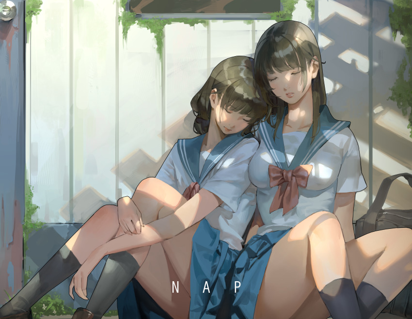 2girls absurdres black_bag black_hair black_socks blue_sailor_collar blue_skirt blunt_bangs bow breasts closed_eyes closed_mouth commentary dated_commentary english_commentary feet_out_of_frame highres jung_wonjo kneehighs long_hair medium_breasts medium_hair multiple_girls original outdoors parted_lips red_bow sailor_collar school_uniform serafuku shirt short_sleeves sitting skirt sleeping socks white_shirt