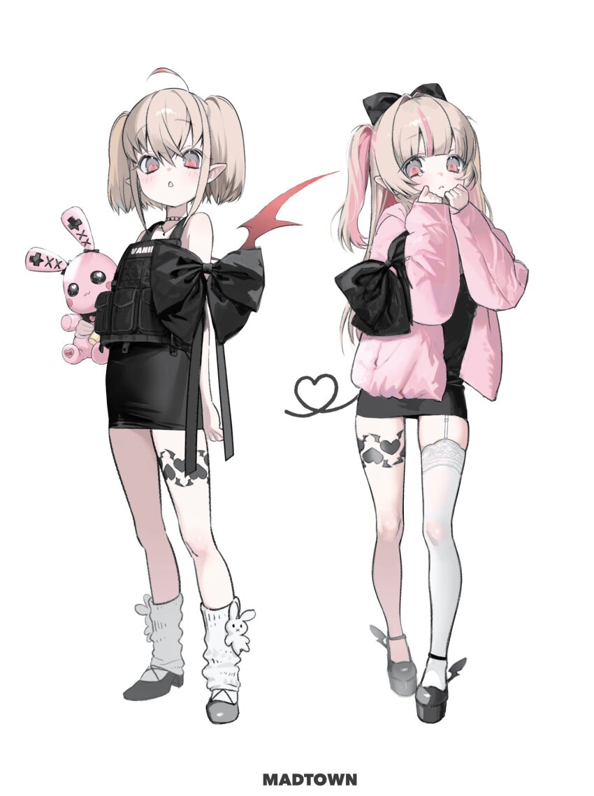 2girls ahoge alternate_costume arm_bow black_bow black_dress black_shoes bow brown_hair choker colored_inner_hair demon_wings dress dual_persona garter_straps hair_between_eyes hair_bow hair_intakes heart heart_of_string highres holding holding_stuffed_toy iniooooo jacket jewelry lace lace-trimmed_thighhighs lace_trim leg_tattoo leg_warmers long_hair looking_at_viewer makaino_ririmu medium_hair multicolored_hair multiple_girls necklace nijisanji pink_hair pink_jacket platform_shoes pointy_ears red_eyes shoes simple_background single_garter_strap single_thighhigh skindentation sleeveless sleeveless_dress socks streaked_hair stuffed_animal stuffed_rabbit stuffed_toy tattoo thighhighs twintails two-tone_hair two_side_up virtual_youtuber white_background white_socks white_thighhighs winged_heart_tattoo winged_shoes wings