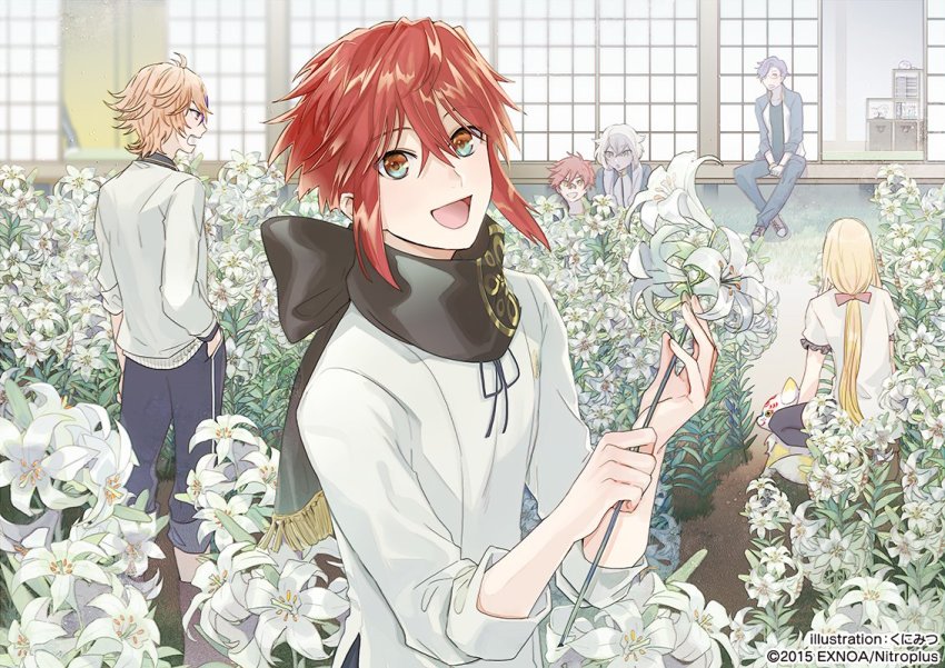 6+boys :d aizen_kunitoshi akashi_kuniyuki aqua_eyes black_legwear blonde_hair bow brown_eyes brown_hair flower fox gotou_toushirou hair_bow hand_in_pocket hotarumaru jacket konnosuke kunimitsu_(9nimi2) lily_(flower) male_focus midare_toushirou multiple_boys official_art open_mouth pants ponytail purple_hair red_hair scarf scarf_bow shinano_toushirou shorts sitting sliding_doors smile thighhighs touken_ranbu track_jacket track_pants white_hair white_lily yellow_eyes