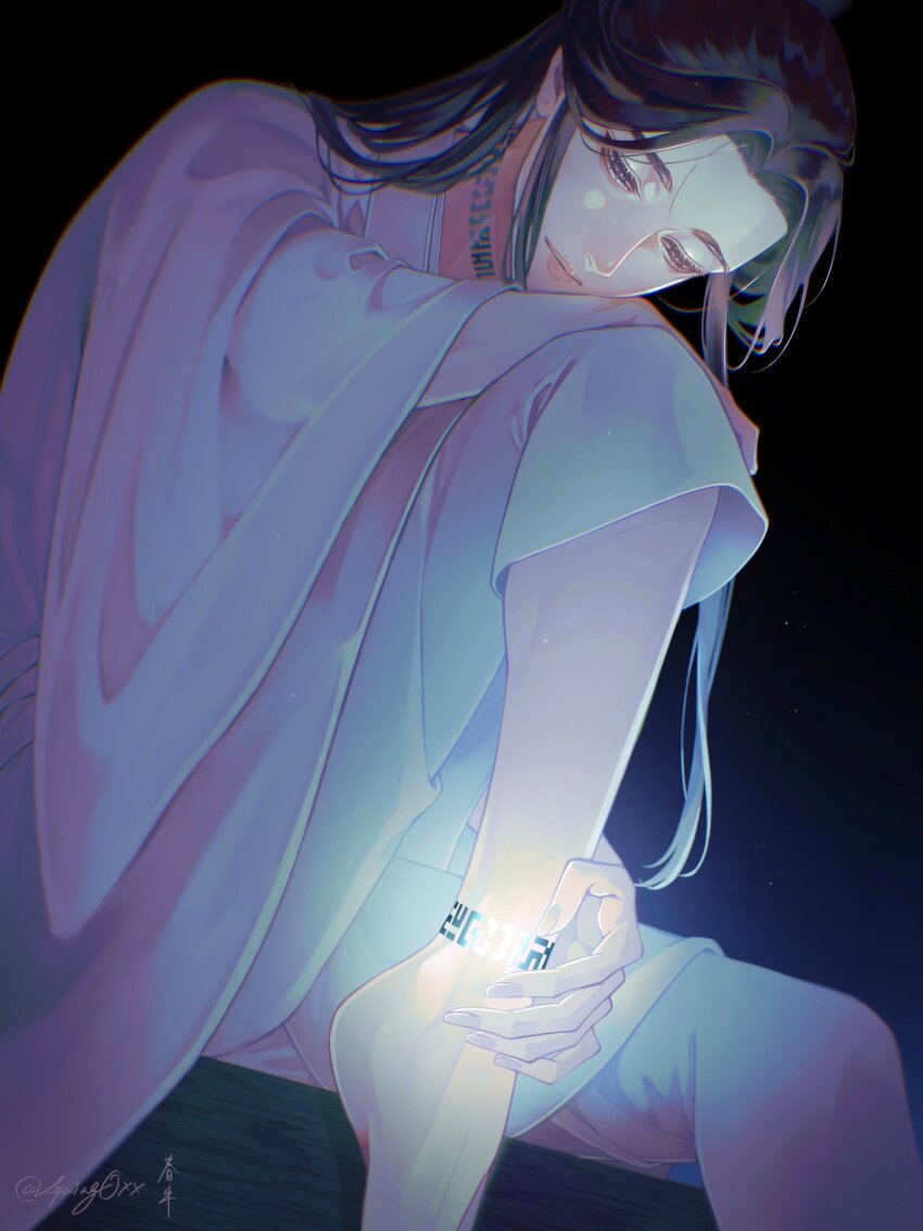 1boy bishounen black_hair chinese_clothes glowing hanfu highres leg_tattoo long_hair long_sleeves male_focus parted_bangs solo springoxx tattoo tianguan_cifu very_long_hair white_hanfu wide_sleeves xie_lian
