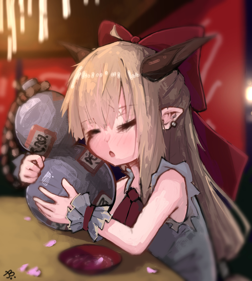 1girl ahoge alcohol ascot bare_shoulders blonde_hair blurry blurry_background blush bow bowl closed_eyes curtains drunk earrings gourd grey_shirt hair_between_eyes hair_bow highres holding holding_gourd horns ibuki_suika jean_bomjan jewelry long_hair low-tied_long_hair ofuda open_mouth petals pointy_ears red_ascot red_hair sake shadow shirt sitting sleeveless sleeveless_shirt solo table touhou wrist_cuffs