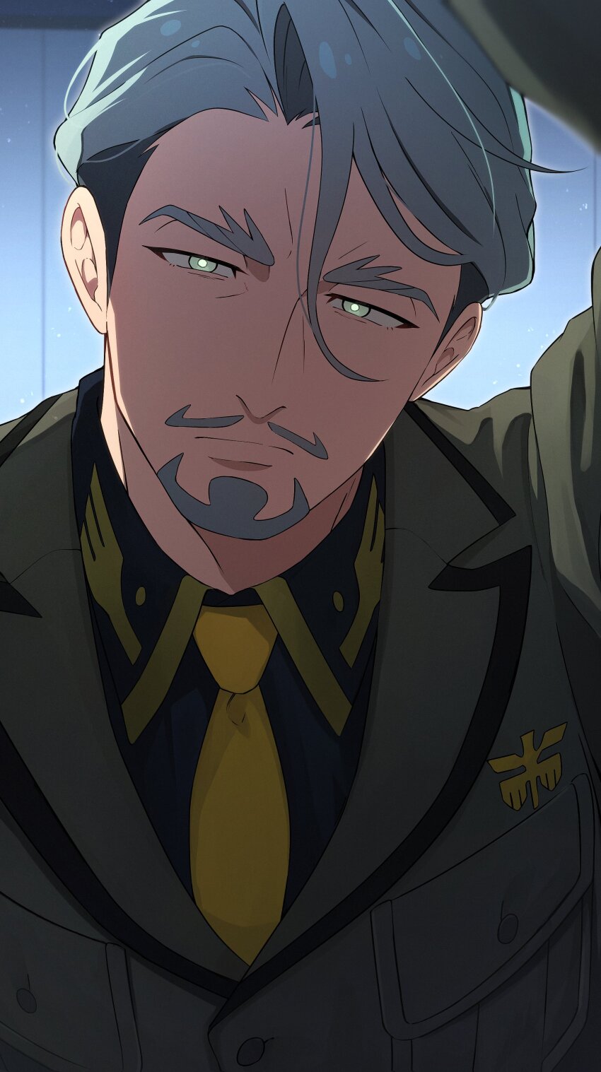 1boy absurdres beard black_shirt challia_bull choco_(chocovix112) closed_mouth collared_shirt commentary facial_hair glowing glowing_eyes green_eyes green_hair green_jacket gundam gundam_gquuuuuux hair_between_eyes highres jacket kabedon kabedon_on_viewer long_sleeves looking_at_viewer male_focus mature_male military_uniform mustache necktie serious shirt short_hair sidelighting solo upper_body wing_collar yellow_necktie