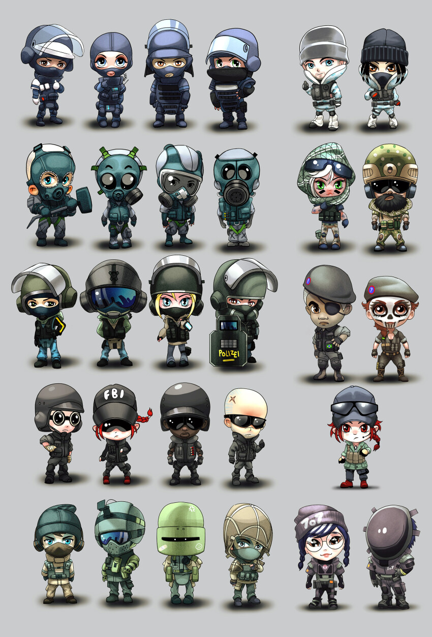 6+boys 6+girls absurdres alternate_costume anger_vein arm_tattoo arman_akopian armor ash_(rainbow_six_siege) balaclava bald ballistic_shield bandit_(rainbow_six_siege) beanie beard beard_stubble belt beret black_armor black_belt black_boots black_eyes black_gloves black_hair black_hat black_helmet black_pouch black_shirt black_shoes blitz_(rainbow_six_siege) blonde_hair blue_eyes blue_pants boots bope braid brazilian_flag brown_armor brown_eyes brown_hair brown_jacket brown_pants brown_shoes buck_(rainbow_six_siege) bullet bulletproof_vest camouflage camouflage_helmet camouflage_jacket camouflage_pants cape capitao_(rainbow_six_siege) castle_(rainbow_six_siege) caveira_(rainbow_six_siege) chibi closed_mouth combat_boots combat_helmet commentary crotch_plate dark-skinned_male dark_skin denim doc_(rainbow_six_siege) dog_tags dokkaebi_(rainbow_six_siege) elbow_pads english_commentary eyepatch eyewear_on_head facepaint facial_hair fingerless_gloves frost_(rainbow_six_siege) full_beard fur_trim fuze_(rainbow_six_siege) gas_mask gign glasses glaz_(rainbow_six_siege) gloves goatee goggles green_armor green_eyes green_helmet green_hoodie green_jacket green_pants grey_background grey_hair gsg_9 hammer hand_on_own_hip hand_wraps hat headscarf helmet highres holding holding_hammer holding_shield holster hood hoodie iq_(rainbow_six_siege) jacket jaeger_(rainbow_six_siege) jeans jtf-2 kapkan_(rainbow_six_siege) knee_pads legs_apart mask military military_combat_uniform military_uniform montagne_(rainbow_six_siege) multicolored_hair multiple_boys multiple_girls mute_(rainbow_six_siege) navy_seals official_alternate_costume official_art pants pouch pulse_(rainbow_six_siege) rainbow_six_siege red_hair rook_(rainbow_six_siege) round_eyewear s.w.a.t. scar_on_head shadow shield shirt shoes short_hair simple_background single_braid sledge_(rainbow_six_siege) smoke_(rainbow_six_siege) special_air_service spetsnaz streaked_hair stubble sunglasses t-shirt tachanka_(rainbow_six_siege) tactical_clothes tape tattoo thatcher_(rainbow_six_siege) thermite_(rainbow_six_siege) thigh_holster thigh_pouch twitch_(rainbow_six_siege) valkyrie_(rainbow_six_siege) vest_pouch vigil_(rainbow_six_siege) white_gloves white_jacket white_pants yellow_stripes