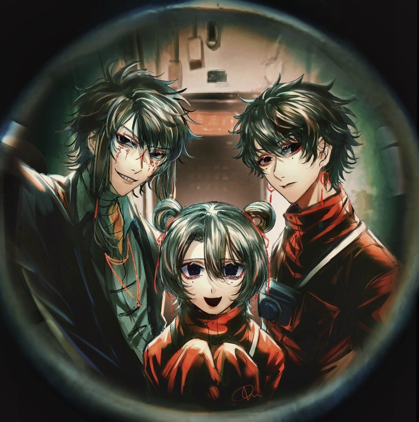 1girl 2boys black_eyes black_hair black_jacket chinese_commentary closed_mouth commentary_request daimaomiao earrings facepaint grey_jacket grin hair_between_eyes hair_rings height_difference highres jacket jewelry li_yuting_(female) li_yuting_(male) long_sleeves mole mole_under_each_eye mole_under_eye multiple_boys multiple_moles open_clothes open_jacket open_mouth pov_peephole red_jacket short_hair short_hair_with_long_locks sleeves_past_fingers sleeves_past_wrists smile touqi_guaitan ziche_fuzhao