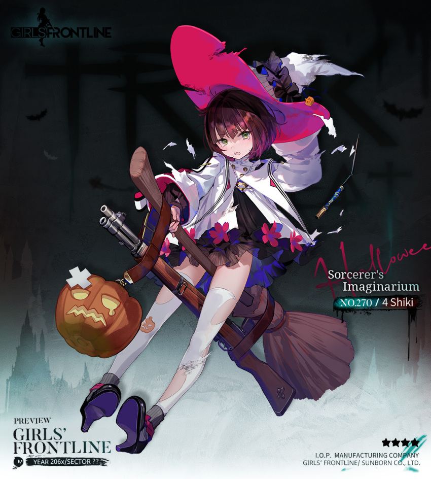 1girl belt black_dress black_hair black_shoes broken_wand broom broom_riding buttons character_name colored_shoe_soles commentary company_name copyright_name crossed_bandaids double-breasted dress english_commentary english_text flower fold-over_boots frown full_body girls&#039;_frontline gradient_hair green_eyes grey_socks hair_ornament halloween hat high_heels highres holding holding_broom holding_unworn_clothes holding_unworn_hat jack-o&#039;-lantern jack-o&#039;-lantern_print layered_legwear long_sleeves looking_at_viewer multicolored_hair official_alternate_costume official_art open_mouth pink_flower print_thighhighs promotional_art puffy_long_sleeves puffy_sleeves purple_hair robe second-party_source shoe_soles shoes short_hair skindentation socks solo star_(symbol) tears thighhighs torn_clothes torn_hat torn_robe torn_thighhighs type_4_(girls&#039;_frontline) type_4_(sorcerer&#039;s_imaginarium)_(girls&#039;_frontline) type_4_rifle unworn_hair_ornament unworn_hat unworn_headwear wand white_hat white_robe white_thighhighs wide_sleeves witch witch_hat