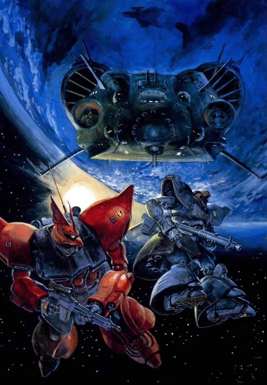 1980s_(style) bazooka_(gundam) beam_rifle earth_(planet) energy_cannon energy_gun gelgoog gundam highres machinery mecha mobile_suit_gundam oldschool orbit planet production_art promotional_art realistic retro_artstyle rick_dom robot roundel scan science_fiction space space_shuttle spacecraft spoilers star_(sky) sunrise takani_yoshiyuki thrusters traditional_media turret weapon zanzibar_(mobile_armor) zeon zero_gravity