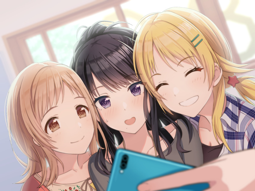 3girls :d :o black_hair blonde_hair blue_eyes blush breasts brown_eyes camera_phone cellphone cleavage closed_eyes collarbone floral_print grey_shirt group_picture hachimiya_meguru hair_ornament hair_over_shoulder hairclip high_ponytail highres idolmaster idolmaster_shiny_colors indoors jacket kazano_hiori light_brown_hair macha0331 mole mole_under_mouth multiple_girls open_mouth phone plaid_clothes plaid_shirt ponytail red_jacket sakuragi_mano selfie shirt sidelocks smartphone smile sweatdrop tan_shirt teeth window |_|