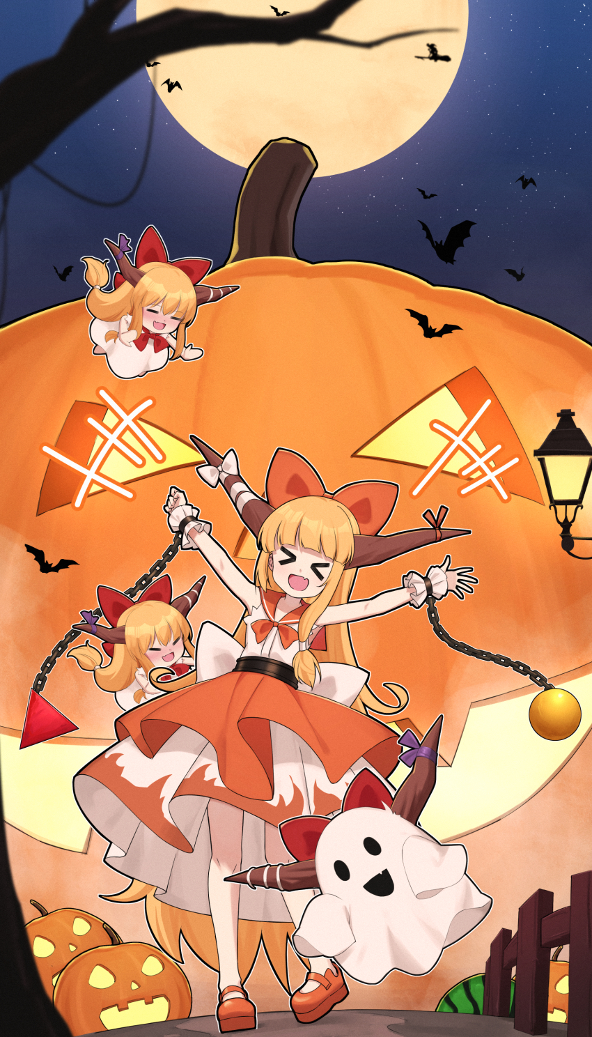&gt;_&lt; 1girl :d absurdres alternate_color arms_up bat_(animal) blonde_hair blue_sky blunt_bangs blush bow bowtie brown_horns clone closed_eyes commentary_request fence flat_chest food fruit full_body full_moon ghost halloween highres horns ibuki_suika jack-o&#039;-lantern long_hair mini_person minigirl moon night oeyama open_mouth orange_bow orange_bowtie orange_sailor_collar orange_skirt orb outdoors pumpkin pyramid_(geometry) sailor_collar shirt skirt sky smile star_(sky) starry_sky touhou watermelon white_shirt wrist_cuffs xd