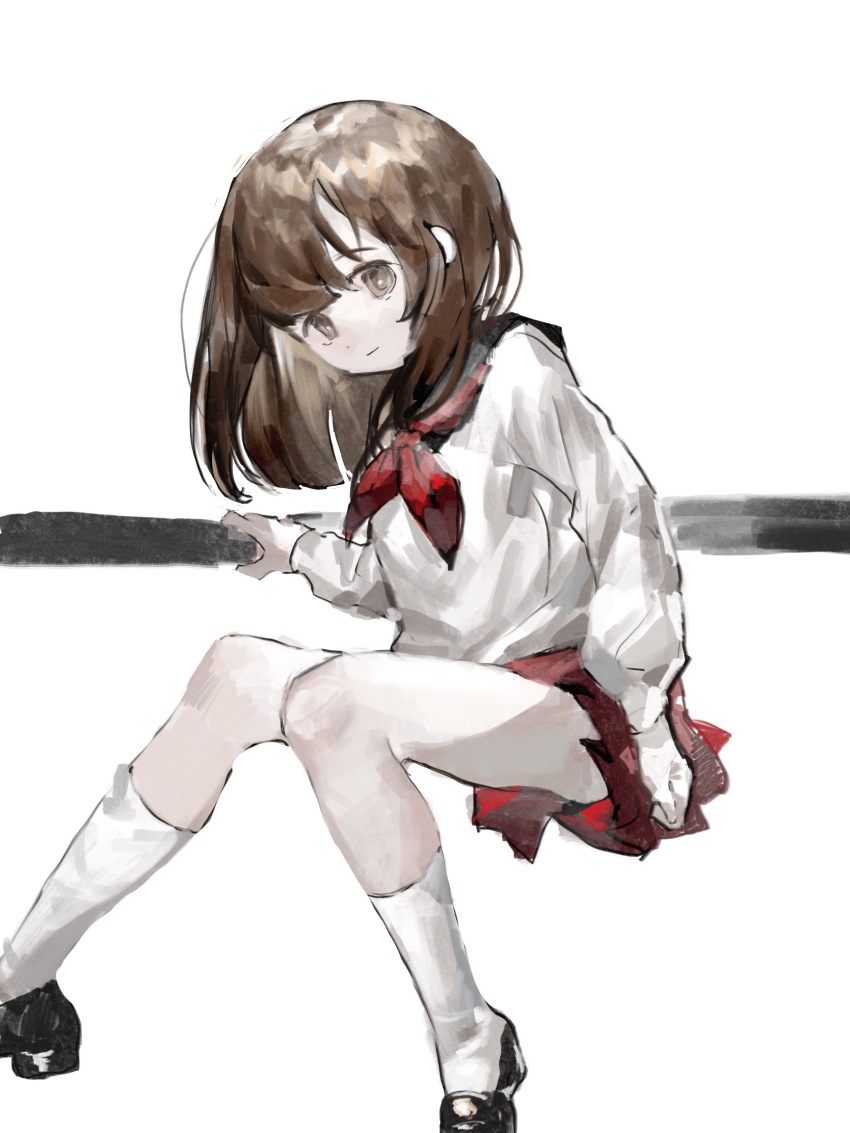 1girl black_sailor_collar black_shoes brown_eyes brown_hair chinese_commentary closed_mouth commentary_request highres invisible_chair light_smile long_hair long_sleeves miniskirt neckerchief original pleated_skirt red_neckerchief red_skirt sailor_collar school_uniform serafuku shirt shoes sitting skirt socks solo vihua6 white_shirt white_socks