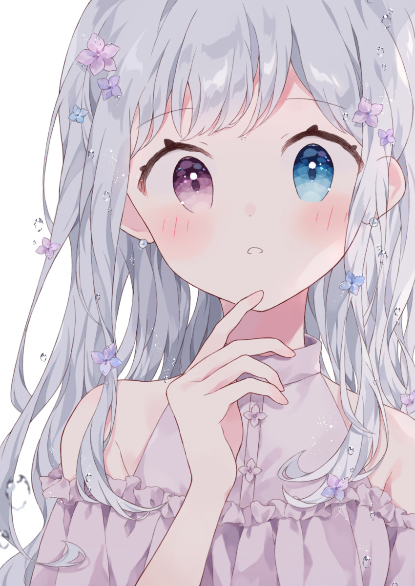 1girl absurdres armpit_crease bare_shoulders blue_eyes blush commentary_request earrings flower frilled_shirt frills grey_hair hair_flower hair_ornament hand_up heterochromia highres ibispaint_(medium) jewelry long_hair looking_at_viewer napo_(napo_illust) original parted_lips pearl_earrings pink_flower purple_flower red_eyes shirt shirt_flower simple_background solo straight-on swept_bangs thinking upper_body water_drop wavy_hair white_background white_shirt