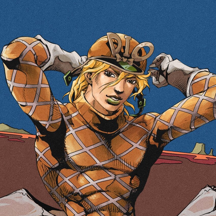 1boy araki_hirohiko_(style) argyle_clothes argyle_sweater ark_nemesis blonde_hair blue_sky bow character_name diego_brando elbow_gloves gloves green_lips helmet highres jojo_no_kimyou_na_bouken messy_hair orange_helmet orange_sweater sky steel_ball_run sweater upper_body white_gloves