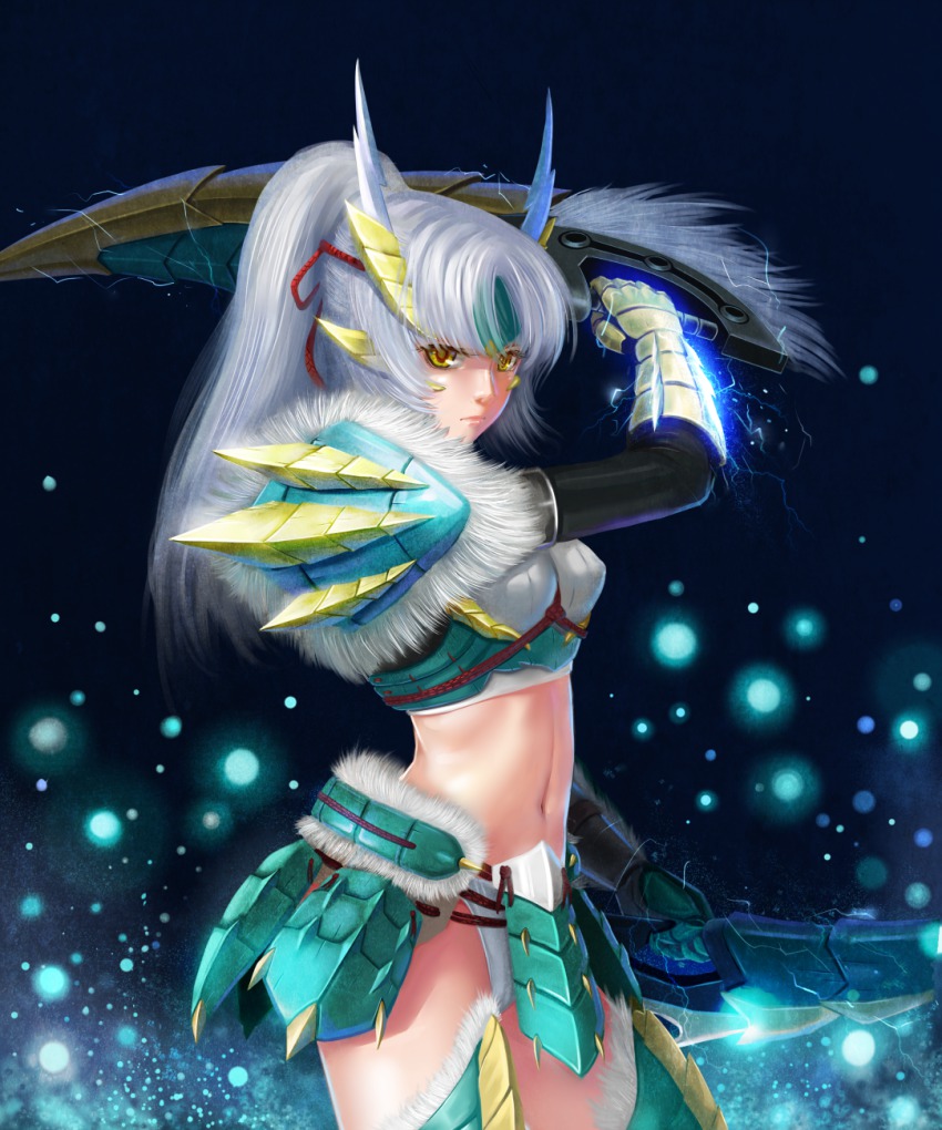 1girl armor capcom dual_wielding electricity female_focus fur gauntlets gradient_background highres holding lips long_hair monster_hunter_(series) monster_hunter_portable_3rd navel panties ponytail rope solo sword underwear weapon white_hair white_panties windtalker yellow_eyes zinogre_(armor)