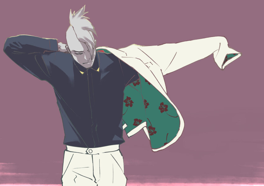 1boy alternate_costume bazz-b black_shirt bleach bleach:_sennen_kessen-hen closed_mouth collared_shirt contemporary cowboy_shot dress_shirt floral_print jacket kubo_tite limited_palette long_sleeves male_focus mohawk official_art outstretched_arms purple_background putting_on_jacket shirt shirt_tucked_in simple_background solo two-sided_fabric two-sided_jacket wing_collar