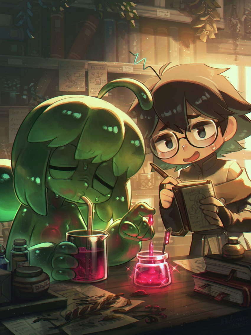 2girls absurdres ahoge black_hair book closed_eyes commentary drinking_straw english_commentary glasses highres holding holding_book holding_pen indoors monster_girl multiple_girls open_mouth original pen porforever short_hair slime_girl