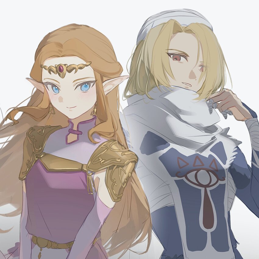 2girls blonde_hair blue_eyes dual_persona earrings highres jewelry multiple_girls nintendo pointy_ears princess_zelda red_eyes reverse_trap sheik smile surcoat the_legend_of_zelda the_legend_of_zelda:_ocarina_of_time triforce turban yun_(dl2n5c7kbh8ihcx)