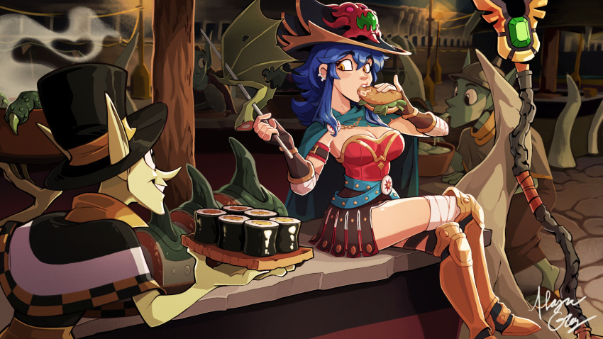 2boys 2girls alaynakgray armor armored_boots bandages bat_wings belt belt_buckle blue_hair bone boots breasts buckle burger cape cave cave_interior city colored_skin commentary commission dang_(runescape) double-parted_bangs duellist&#039;s_cap_(tier_6) earrings eating english_commentary fast_food fingerless_gloves food food_bite food_stand full_body gladiator gloves goblin gold_trim greaves green_belt green_cape green_skin hair_between_eyes hat highres holding holding_burger holding_food holding_skewer jewelry lamppost large_ears leotard long_bangs long_hair long_pointy_ears mage_staff market market_stall meat medium_breasts multiple_boys multiple_earrings multiple_girls mushroom old_school_runescape original pointy_ears poleyn red_leotard runescape shish_kebab sitting skewer smile soup soup_ladle staff_of_armadyl_(runescape) stone_floor sun_symbol sushi top_hat underground weapon wings wooden_tray yellow_eyes