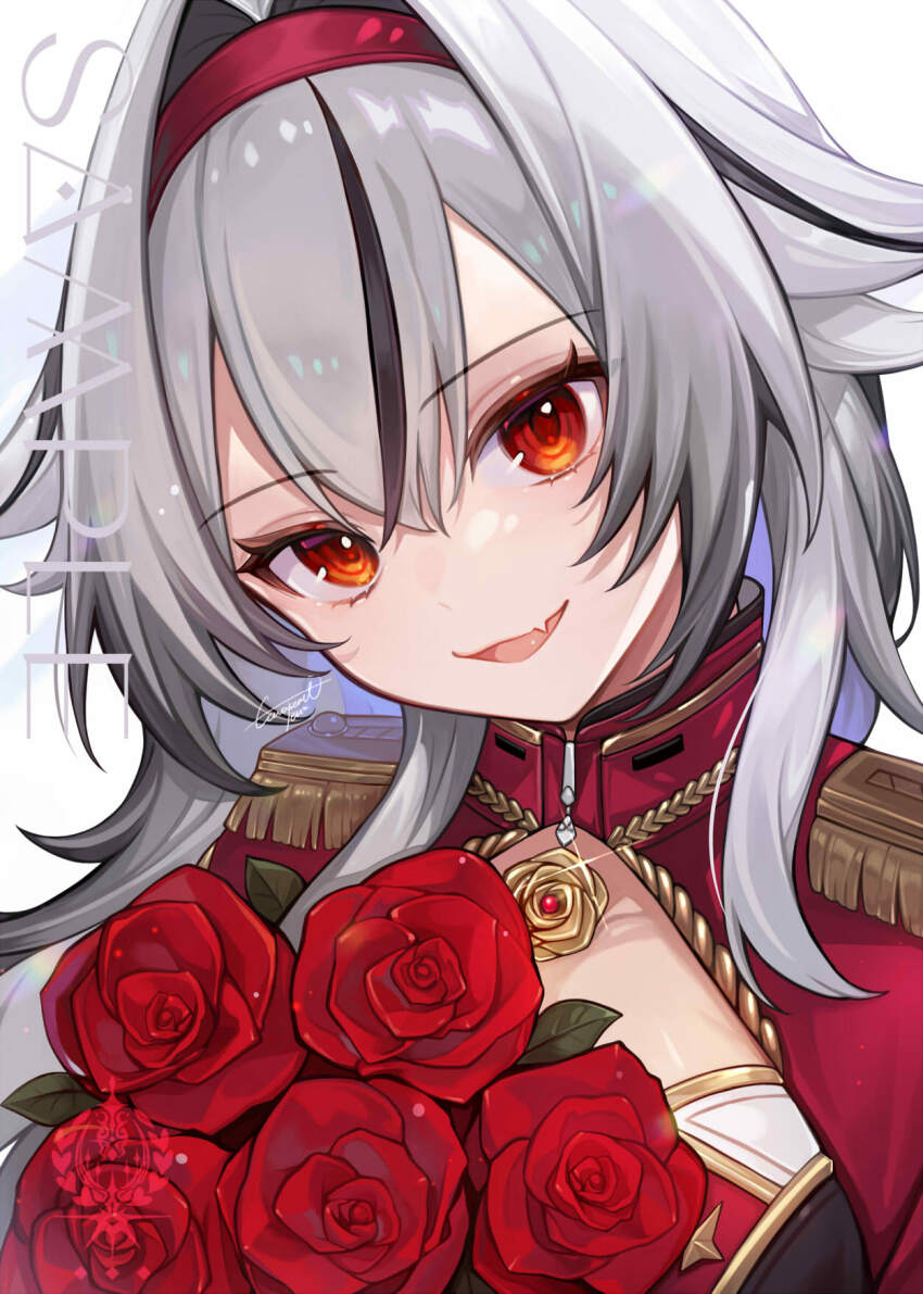 1girl blush bouquet character_request commentary_request copyright_request double-parted_bangs epaulettes fang flower glint golden_rose grin hair_intakes highres holding holding_bouquet looking_at_viewer military_uniform multicolored_hair nixtutyannh open_mouth rose sample_watermark signature skin_fang smile solo streaked_hair watermark