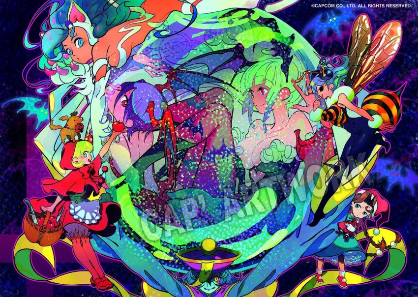 6+girls animal_ears animal_hands animal_print anita_(darkstalkers) b.b._hood bare_shoulders bat_print blonde_hair blue_eyes breasts brown_hair capcom cat_ears cat_paws cleavage clothing_cutout darkstalkers felicia_(darkstalkers) green_hair head_wings heart_cutout hsien-ko large_breasts lilith_(darkstalkers) long_hair mei-ling_(darkstalkers) morrigan_aensland multiple_girls official_art pantyhose purple_legwear red_eyes wings