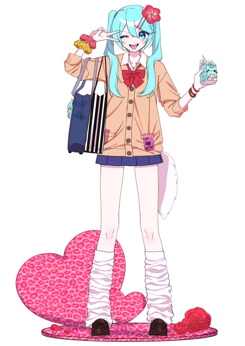 1girl absurdres animal_print aqua_eyes aqua_hair bag bag_charm blue_skirt bow bowtie brown_cardigan cardigan cellphone character_charm charm_(object) commentary_request cute_x_subculture_hatsune_miku_design_contest fake_tail faux_figurine flat_chest flip_phone flower gyaru hair_flower hair_ornament hatsune_miku heart hibiscus highres kogal leopard_print loafers long_hair loose_socks milk_carton miniskirt nnn02531 one_eye_closed phone red_bow red_bowtie school_bag school_uniform shoes skirt socks solo tail tail_keychain twintails v v_over_eye vocaloid white_background