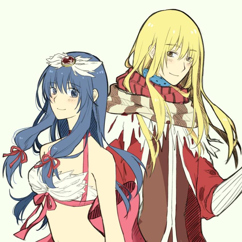 1boy 1girl bikini black_scarf black_vest blonde_hair blue_eyes blue_hair blue_scarf breasts chinese_commentary closed_mouth coat commentary_request feather_trim hair_ornament hair_ribbon highres long_hair looking_at_viewer medium_breasts minstrel_(ragnarok_online) polka_dot polka_dot_scarf ragnarok_online red_coat red_ribbon red_scarf ribbon scarf simple_background smile striped_clothes striped_scarf swimsuit upper_body vest w051 wanderer_(ragnarok_online) white_background white_bikini white_scarf
