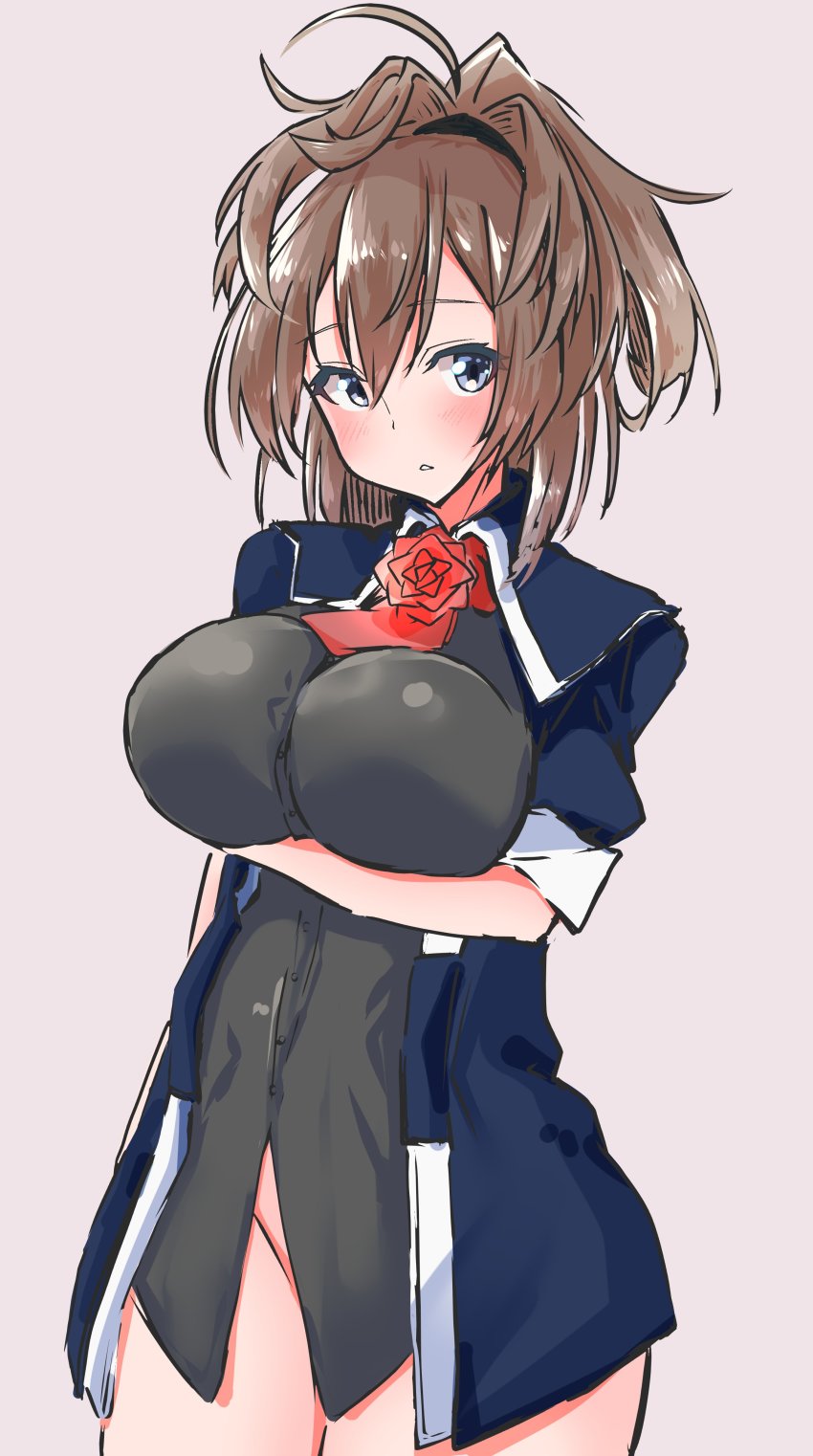 1girl absurdres ascot blue_eyes blush breasts brown_hair buttons closed_mouth contrapposto flower grey_background groin hair_between_eyes highres kantai_collection komb long_hair long_sleeves medium_breasts military military_uniform navel no_panties pleated_skirt red_ascot red_flower red_rose rose sheffield_(kancolle) simple_background skirt solo standing white_skirt