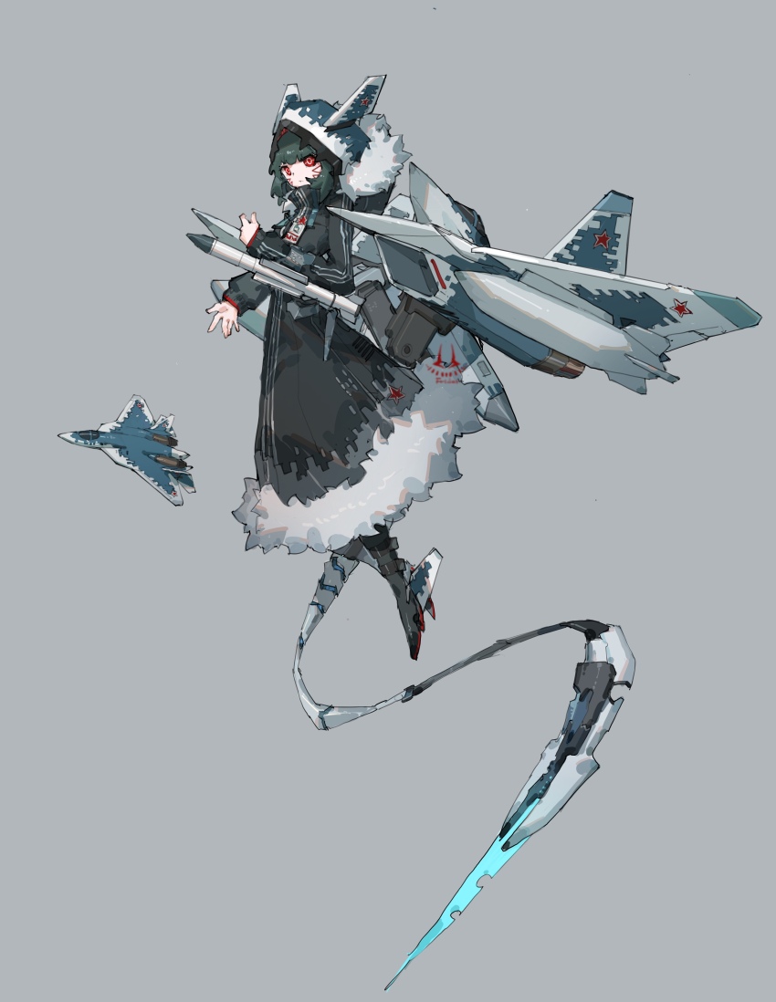 1girl absurdres aircraft airplane black_hair camouflage coat digital_camouflage fighter_jet frider fur-trimmed_coat fur_trim highres hood mecha_musume military_vehicle personification r-77_vympel red_eyes solo su-57 war_thunder wings