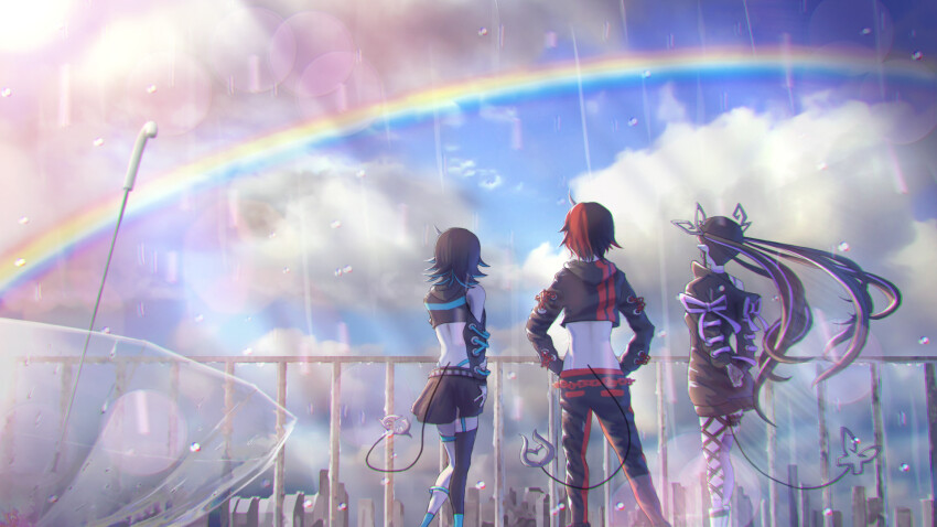 3girls back black_hair black_jacket black_pants black_ribbon black_skirt black_thighhighs blue_hair blue_sky chain clothing_cutout commentary cropped_jacket day demon_girl demon_horns demon_tail english_commentary feet_out_of_frame from_behind garter_straps highres horns jacket kojo_anna kojo_anna_(1st_costume) leg_ribbon long_hair long_sleeves looking_afar multicolored_hair multiple_girls nanashi_inc. outdoors panchama pants pointy_ears purple_hair railing rain rainbow red_hair ribbon ryugasaki_rene ryugasaki_rene_(1st_costume) shishio_chris shishio_chris_(1st_costume) short_hair shoulder_cutout single_thighhigh skirt sky standing sugar_lyric tail thighhighs transparent transparent_umbrella twintails two-tone_hair umbrella virtual_youtuber