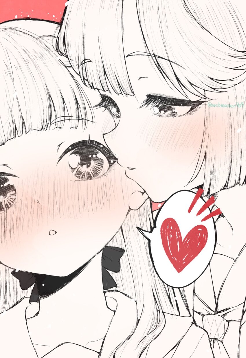 2girls anyoji_hime black_ribbon blunt_bangs blunt_sidelocks blush center-flap_bangs collarbone commentary greyscale_with_colored_background hair_ribbon half-closed_eyes hasu_no_sora_school_uniform heart highres jacket kachimachi_kosuzu katsuragi_(webmaster909) link!_like!_love_live! looking_at_another love_live! multiple_girls nose_blush open_clothes open_jacket parted_lips portrait red_background ribbon school_uniform sidelocks simple_background speech_bubble spoken_heart spot_color swept_bangs twitter_username virtual_youtuber yuri