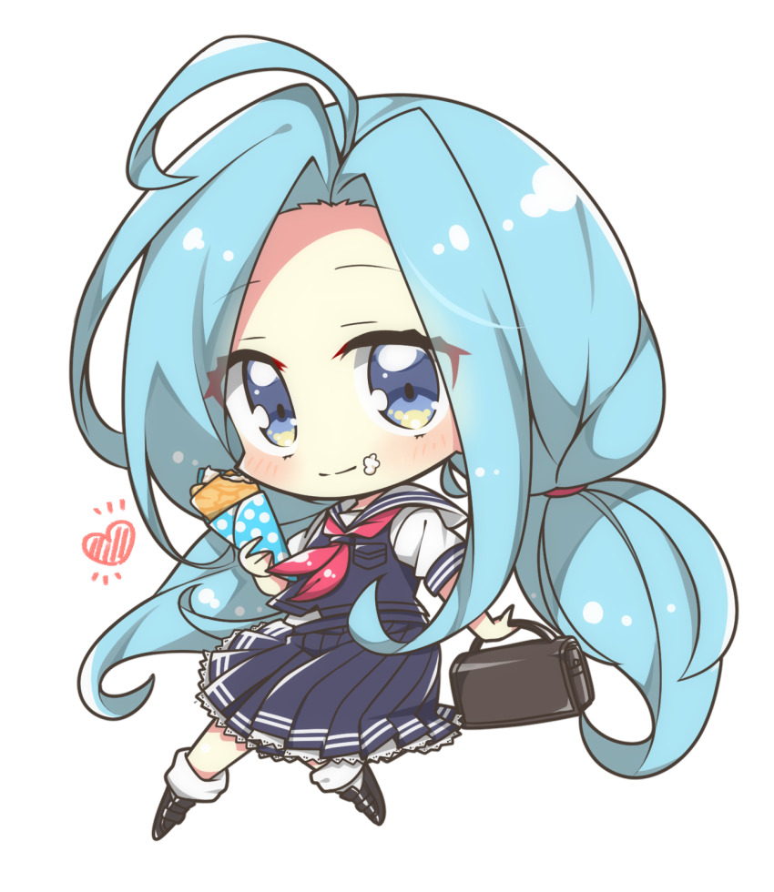 1girl bag black_bag black_footwear blue_eyes blue_skirt chibi chibi_only eating food frilled_skirt frills granblue_fantasy highres holding holding_bag holding_food long_hair low_twintails lyria_(granblue_fantasy) mochimochi_kinako. simple_background skirt smile socks solo twintails white_background white_socks