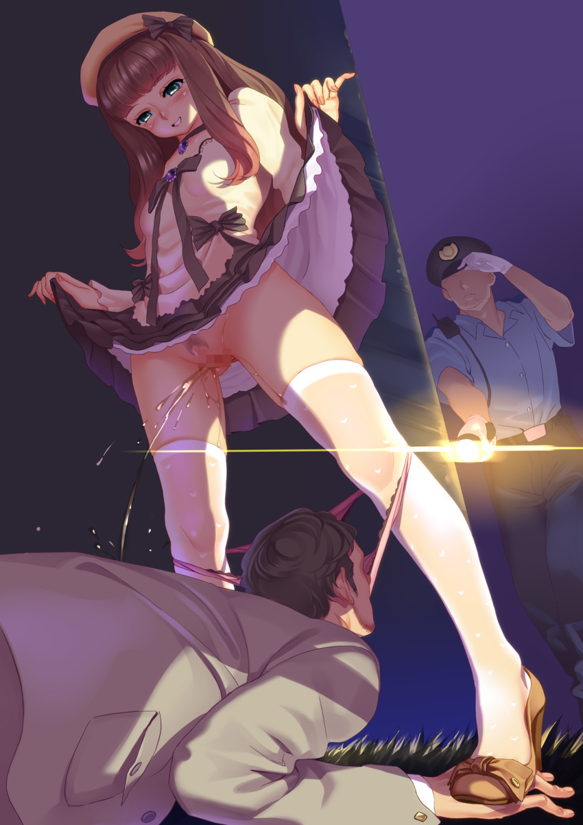 1girl 2boys blush bow brown_hair caught censored choker clothes_lift dress dress_lift femdom flashlight gloves golden_shower green_eyes hat heart heart_print hetero high_heels highres humiliation multiple_boys original panties panty_pull pee peeing petticoat pink_panties police police_hat print_legwear pubic_hair public_indecency public_nudity pussy smile smoke_(flyx21) thighhighs underwear