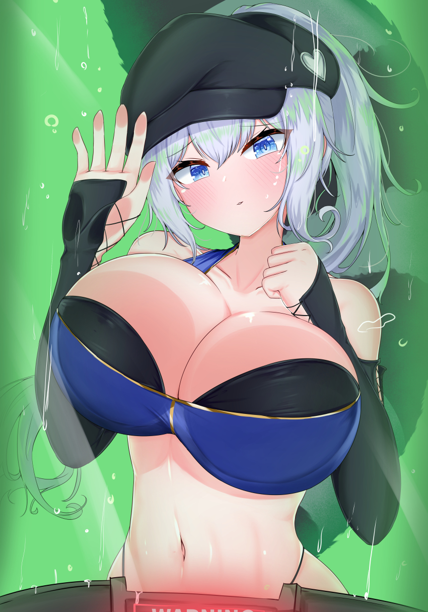 1girl absurdres bare_shoulders black_hat blue_eyes blue_shirt breasts cleavage collarbone commission crop_top detached_sleeves dungeon_and_fighter hands_up hat highres large_breasts long_hair long_sleeves looking_at_viewer midriff min1910 navel newsboy_cap original panty_straps parted_lips ponytail shirt sleeveless sleeveless_shirt sleeves_past_wrists solo stomach striped_tail tail white_hair
