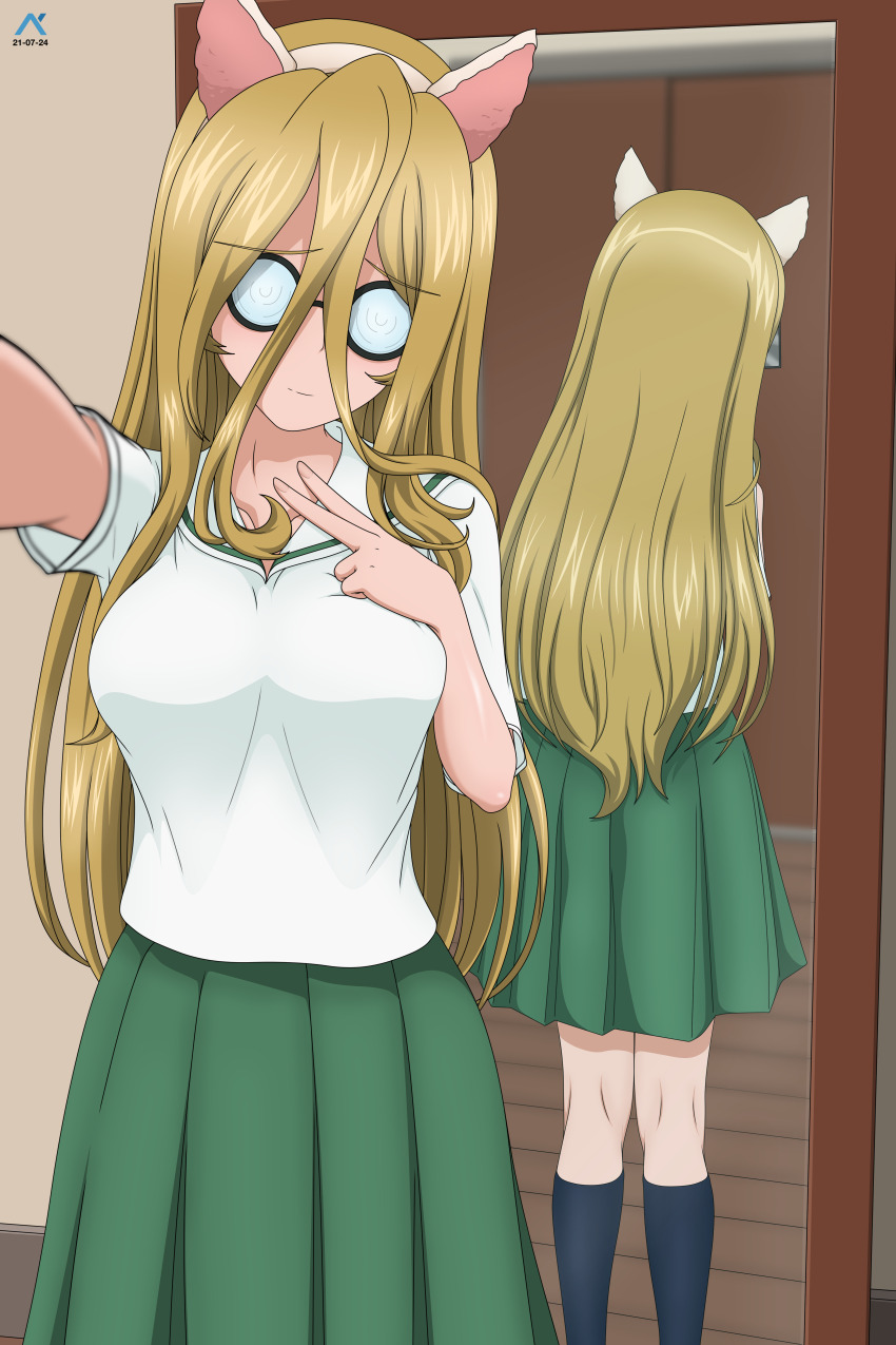 1girl absurdres acrux animal_ears artist_logo black-framed_eyewear black_socks blonde_hair blouse cat_ears closed_mouth coke-bottle_glasses commentary dated english_commentary fake_animal_ears girls_und_panzer glasses green_skirt hair_between_eyes highres indoors kneepits light_smile logo long_hair looking_at_viewer medium_skirt mirror nekonyaa_(girls_und_panzer) no_neckwear ooarai_school_uniform opaque_glasses reflection round_eyewear sailor_collar school_uniform selfie shirt short_sleeves skirt socks solo v white_sailor_collar white_shirt wooden_floor