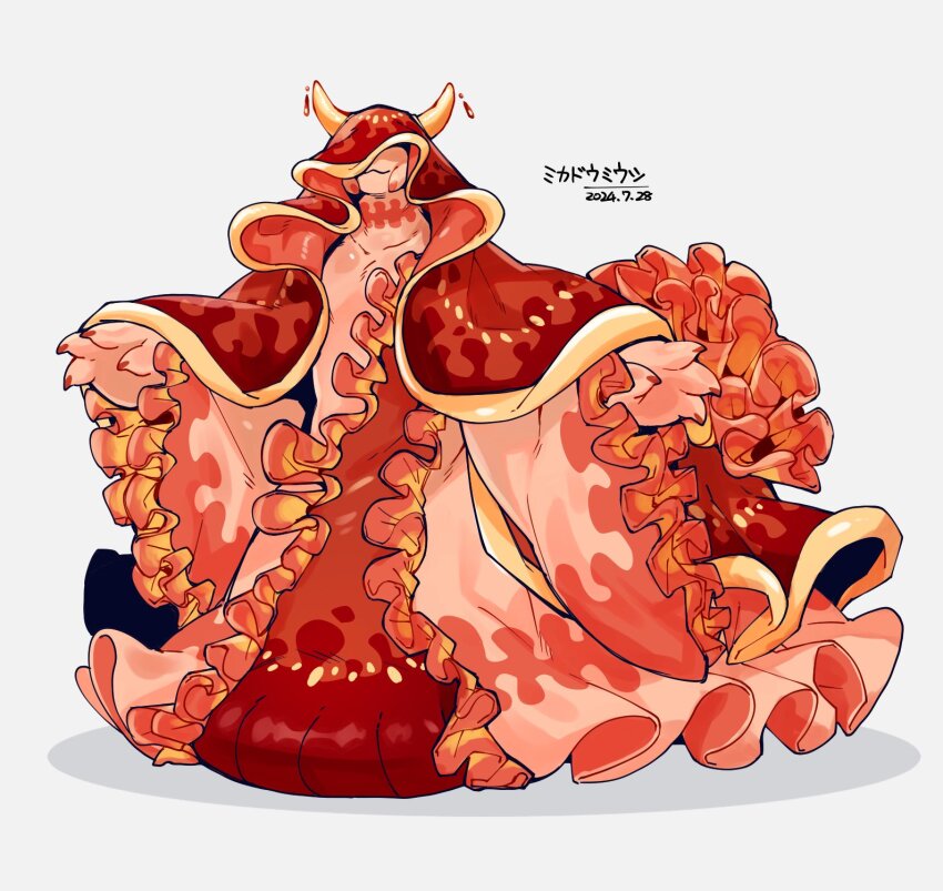 1other androgynous cloak collarbone colored_skin covered_eyes dated facing_viewer frilled_sleeves frills full_body highres horns orange_skin original red_cloak sannota272 sea_slug simple_background solo white_background wide_sleeves