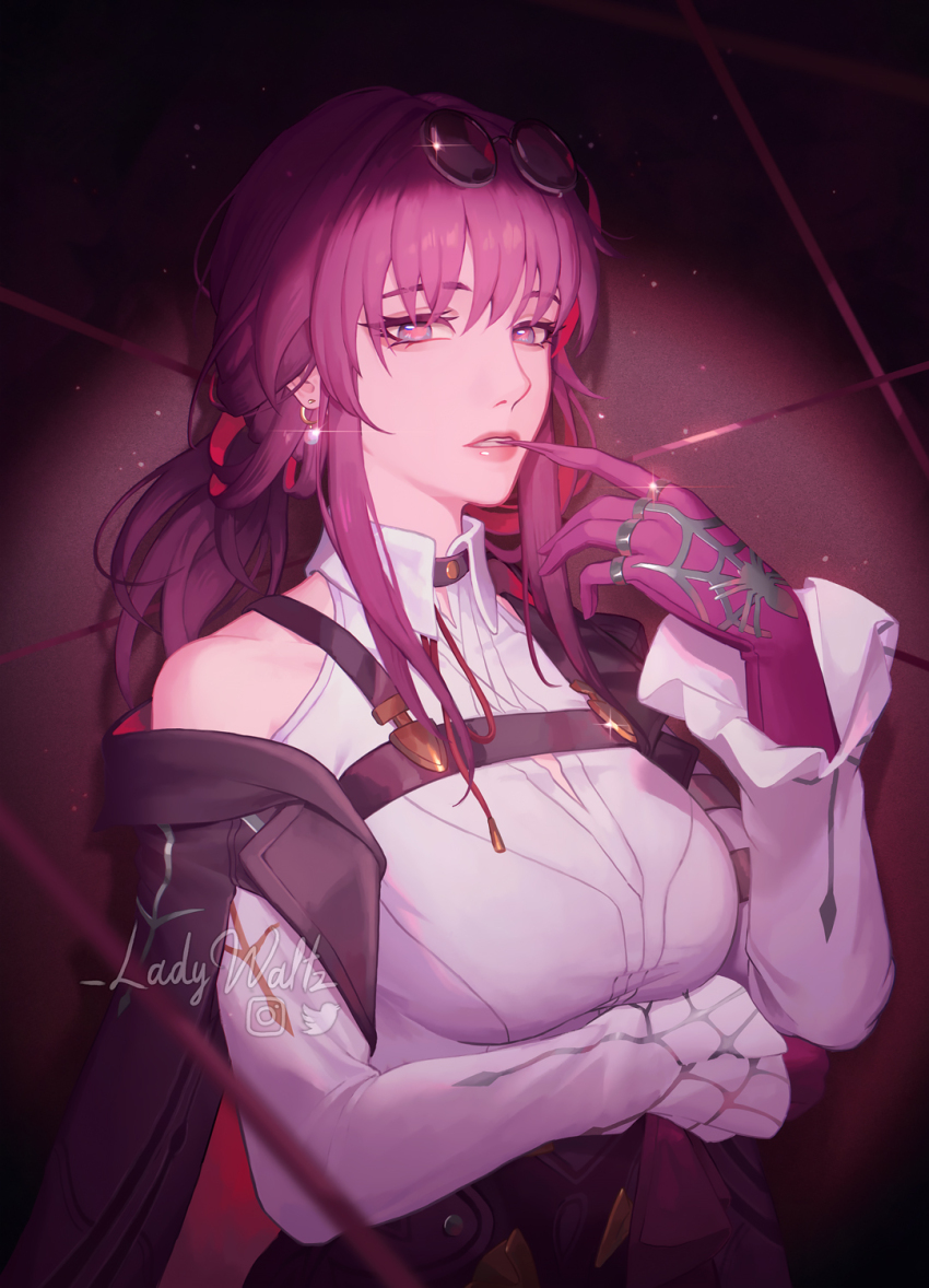 1girl arm_strap artist_name biting black_jacket black_shorts breasts collared_shirt earrings eyewear_on_head biting_glove gloves high-waist_shorts highres honkai:_star_rail honkai_(series) instagram_logo jacket jewelry kafka_(honkai:_star_rail) ladywaltz large_breasts long_hair looking_at_viewer parted_lips purple_eyes purple_gloves purple_hair round_eyewear shirt short_shorts shorts single_bare_shoulder solo spider_web_print sunglasses twitter_logo unworn_eyewear upper_body white_shirt