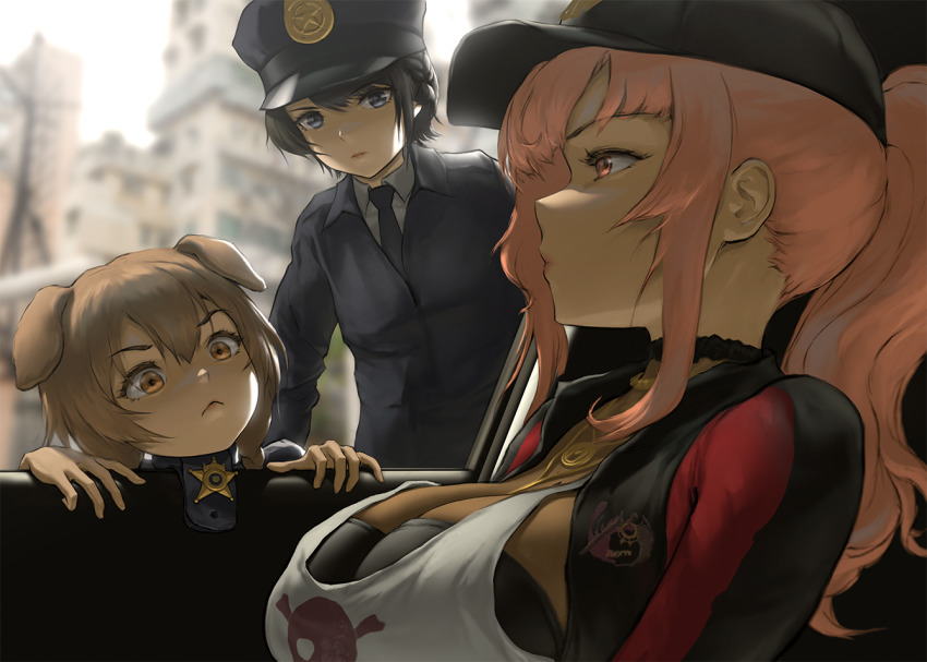 3girls animal_ears black_hair blue_eyes breasts brown_eyes brown_hair cleavage commentary dog_ears dog_girl english_commentary frown hat hololive hololive_english infi inugami_korone jacket jewelry large_breasts mori_calliope mori_calliope_(streetwear) multiple_girls necklace necktie oozora_subaru pink_eyes pink_hair police police_hat police_uniform policewoman ponytail short_hair sidelocks tank_top virtual_youtuber
