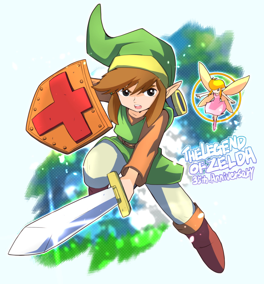 1boy 1girl anniversary belt black_eyes blonde_hair boots bright_pupils brown_belt brown_footwear brown_hair brown_shirt copyright_name dress fairy fighting_stance full_body green_headwear green_tunic holding holding_shield holding_sword holding_weapon link long_sleeves nintendo open_mouth pants pink_boots pink_dress pointy_ears sakurajyousui_nami sheath shield shirt short_hair sidelocks sword teeth the_legend_of_zelda the_legend_of_zelda_(nes) tunic upper_teeth_only weapon white_pants white_pupils
