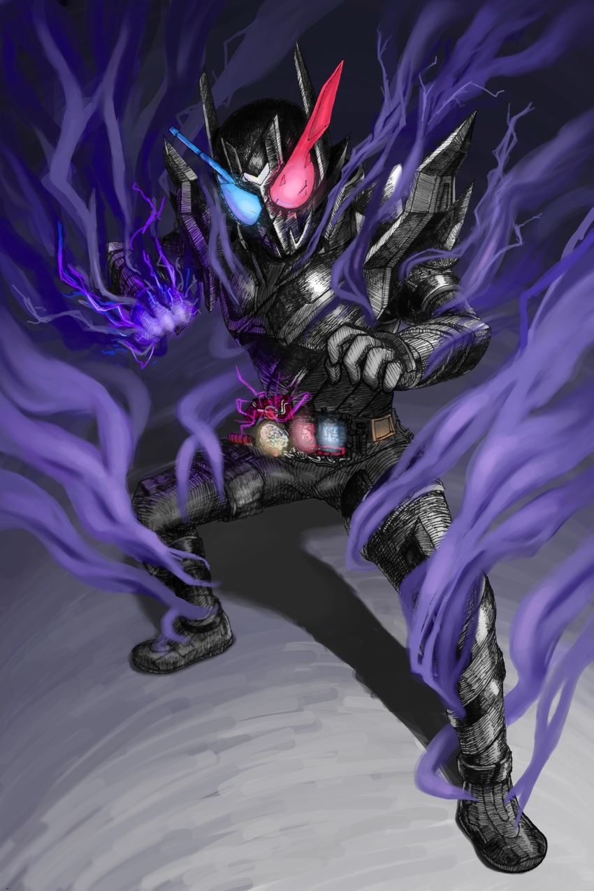 1boy absurdres armor bad_id bad_pixiv_id black_armor black_background black_boots black_gloves black_horns blue_eyes boots build_driver clenched_hand compound_eyes electricity fighting_stance gloves hazard_trigger heterochromia highres horns imminent_hit kamen_rider kamen_rider_build kamen_rider_build_(series) lightning male_focus military military_vehicle motor_vehicle rabbit rabbit+tank_form rabbit+tank_form_(black_hazard) rider_belt science_fiction shoulder_armor smoke solo steam steaming_body tank thighs yakibi-fun