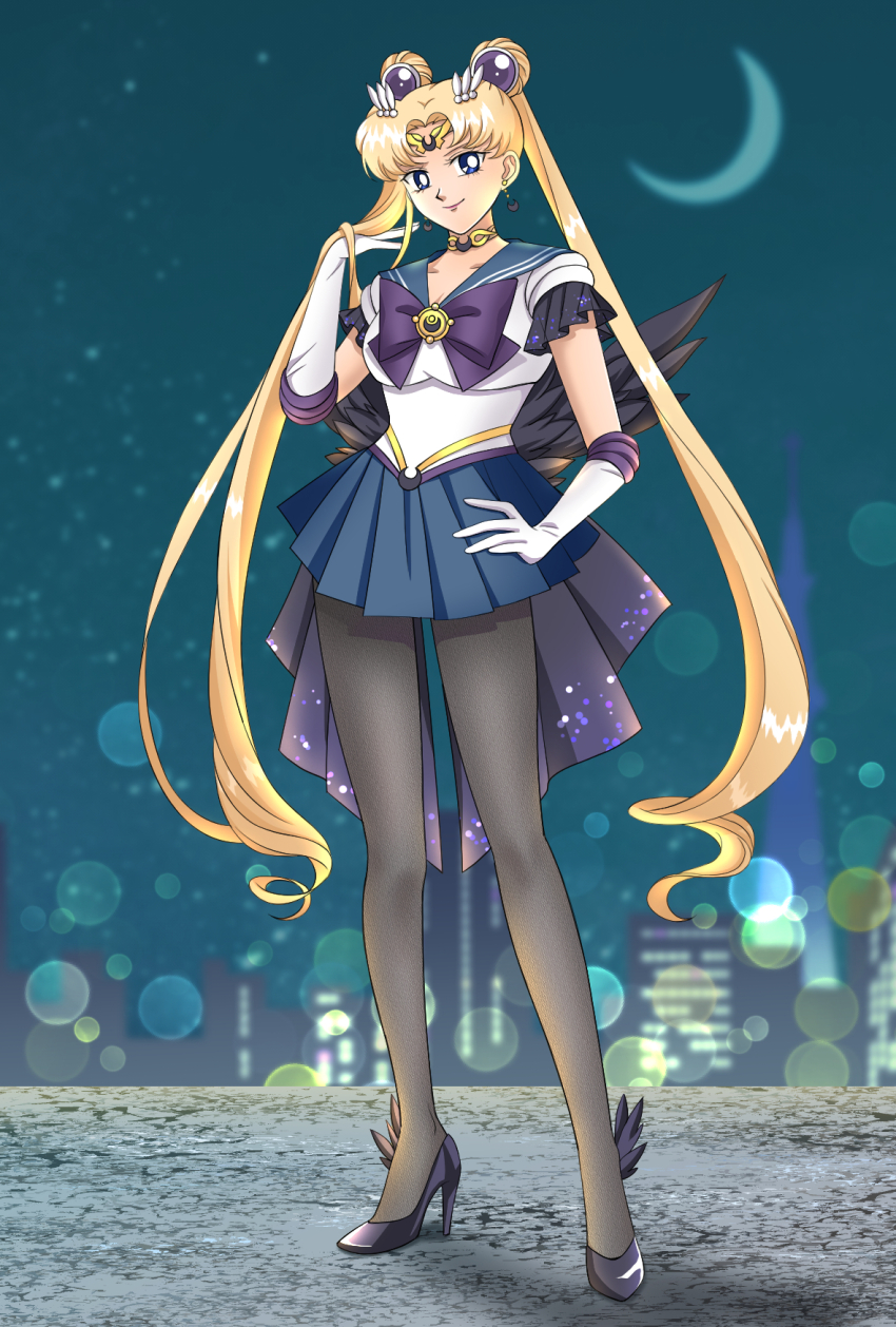 1girl back_bow bishoujo_senshi_sailor_moon blonde_hair blue_eyes blue_sailor_collar blue_skirt bow bowtie circlet cityscape corruption crescent crescent_earrings crescent_moon dark_persona double_bun earrings elbow_gloves gloves gold_earrings hair_bun high_heels highres jewelry koya long_hair miniskirt moon night outdoors pantyhose parted_bangs pleated_skirt purple_bow purple_bowtie sailor_collar sailor_moon shirt short_sleeves skirt solo tsukino_usagi twintails very_long_hair white_gloves white_shirt