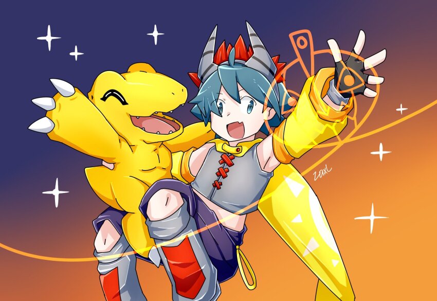 agumon digimon digimon_world_re:digitize goggles goggles_on_head halloween halloween_costume highres short_hair taiga_(digimon)
