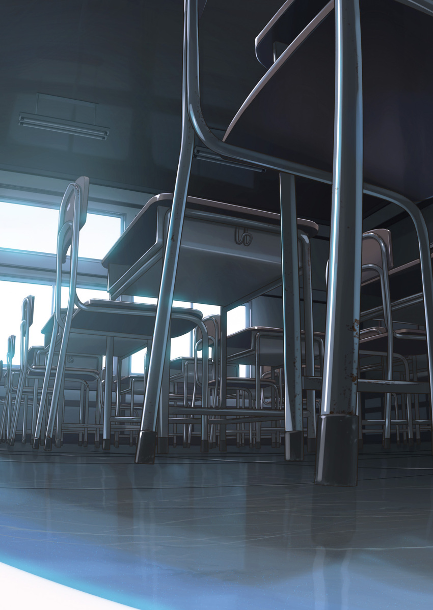 chair classroom commentary_request desk highres indoors isobe_toast no_humans original reflective_floor rust school_chair school_desk still_life tile_floor tiles window